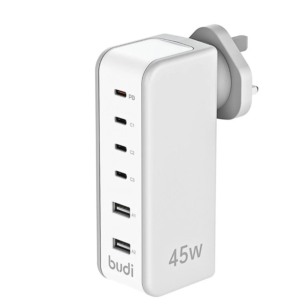 Budi 45W Wall Charger - 4 Type-C Ports & 2 USB-A Ports