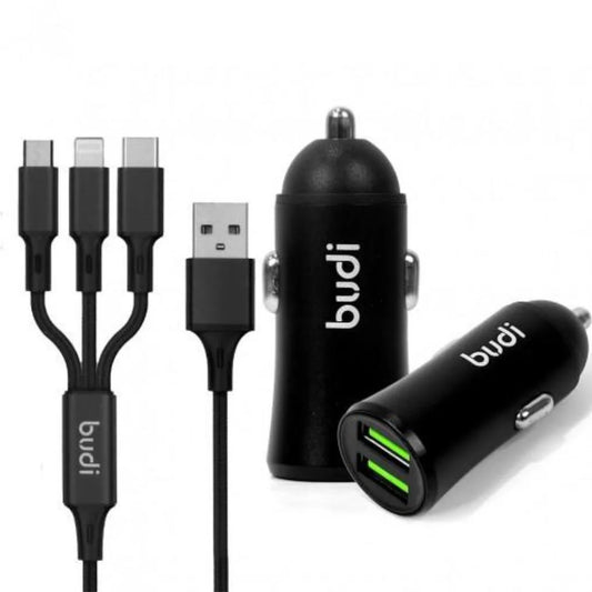 Budi Dual USB 12W Car Charger with 3-in-1 Data Cable