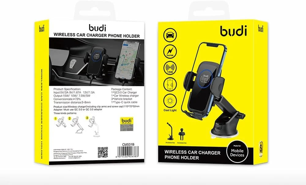 Budi 15W Wireless Car Charger & Phone Holder