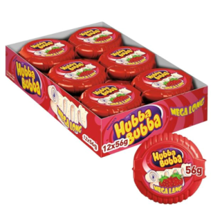 Hubba Bubba Chewing Gum, Snappy Strawberry, Mega Long Tape, 12 Packs of  56g